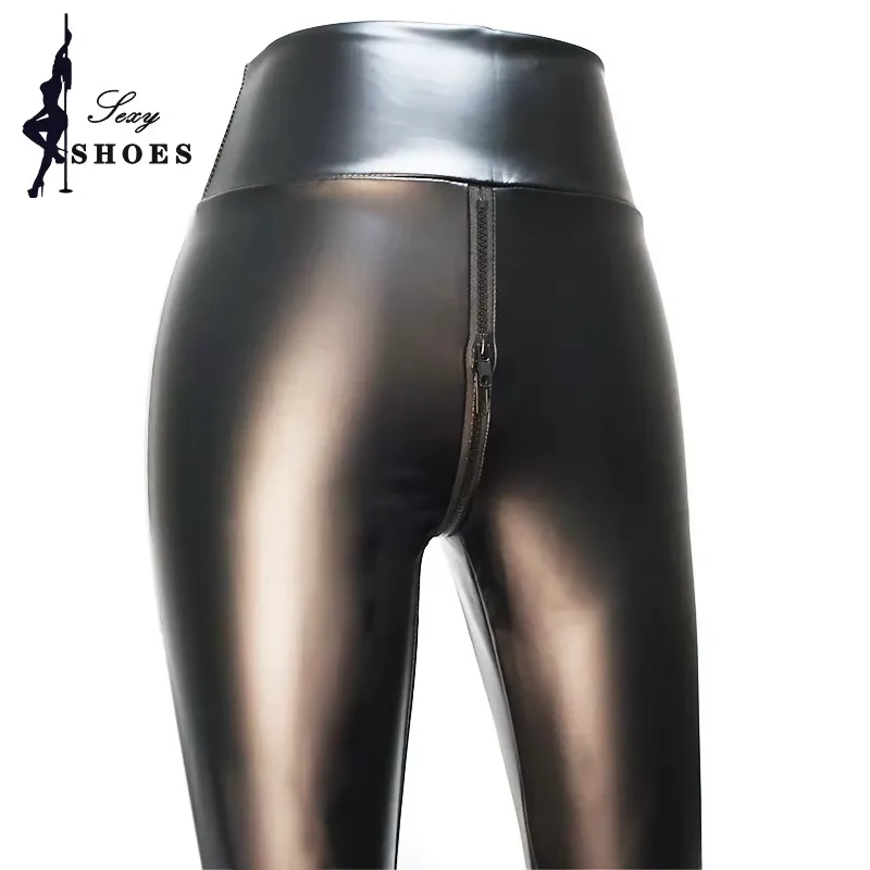 Pantalones con entrepierna abierta para mujer, pantalones sexis ajustados de cuero negro mate con doble cremallera, mallas ajustadas exóticas para discoteca personalizadas