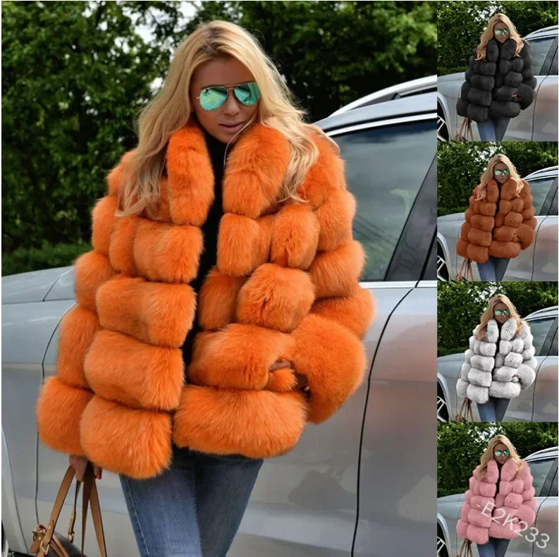 Frauen Fuchs Kunst pelz Mäntel mittellanger Mantel drehen Kragen voller Ärmel dicke warme elegante Spleiß Herbst Winter offener Stich
