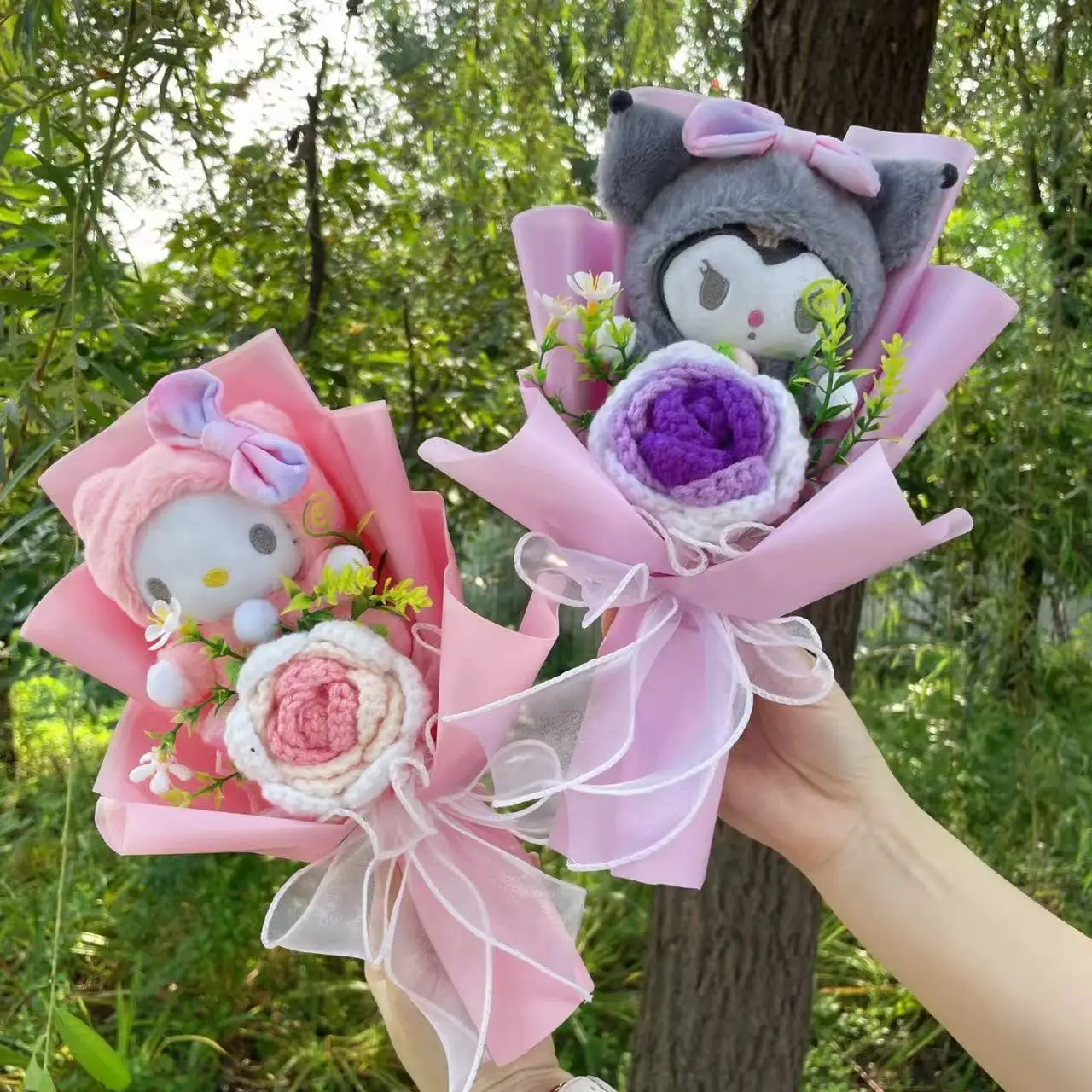 Muñecas de gato Kawaii Hello Kitty con flores artificiales, ramo creativo, regalos de graduación, cumpleaños, Navidad, San Valentín