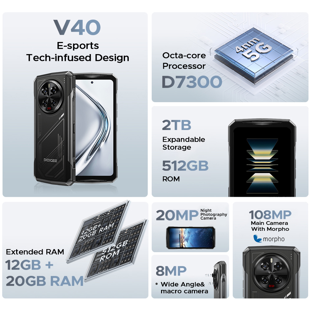 Doogee v40 5g telefone robusto 12gb ram 512gb rom gaming smartphone dimensão 7300 6.78 120hz display 108mp para câmera nfc 8680mah