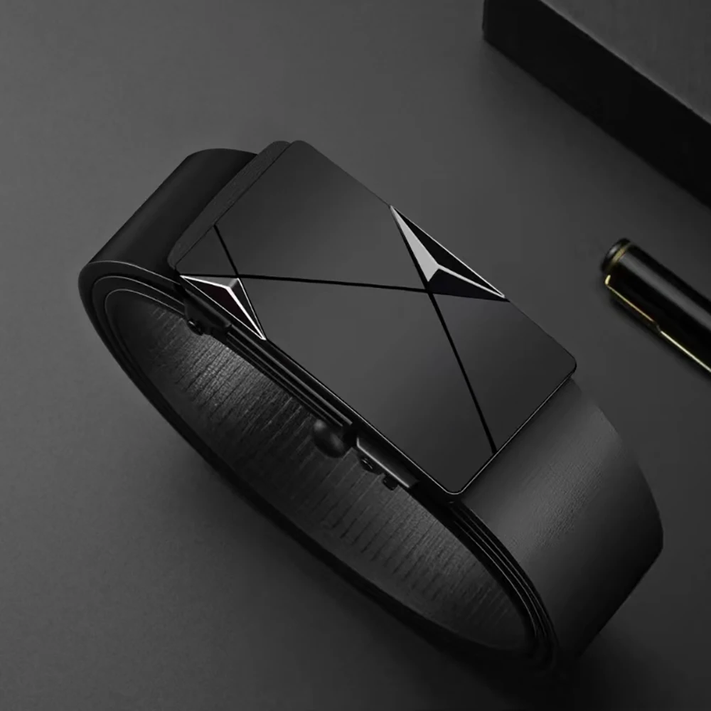 Cinturón con hebilla automática de PU para hombre, moda de lujo, informal, Color sólido, cinturón de aventura al aire libre para regalar al padre