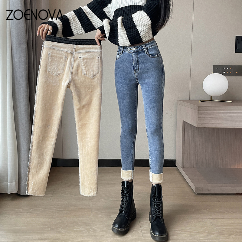 ZOENOVA 2024 冬厚いベルベットの女性のジーンズハイウエストスキニージーンズシンプルなフリース暖かいスリムストレッチカジュアルデニムペンシルパンツ