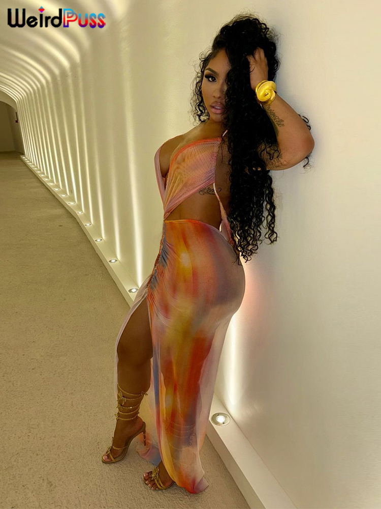Seltsame Puss Unregelmäßige Geraffte Kleid Frauen Sexy Mesh Bunte Farbverlauf Sommer Trend Kreuz Backless Split Hohl Stretch Bodycon
