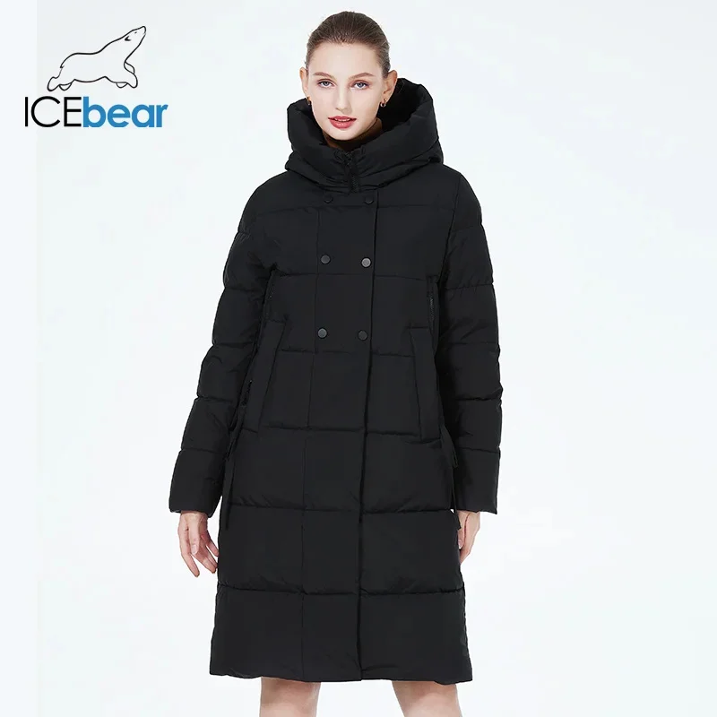 ICEbear-Chaqueta de Invierno para mujer, abrigo largo de algodón con doble botonadura, a prueba de viento, con capucha, GWD3935I, novedad de 2023