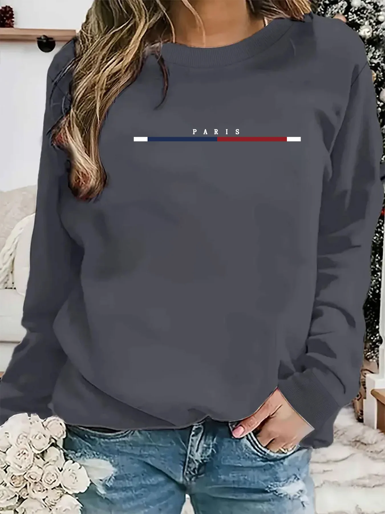 Sudadera holgada de París informal de manga larga para mujer, jersey cómodo de otoño e invierno con cuello redondo, ropa femenina holgada