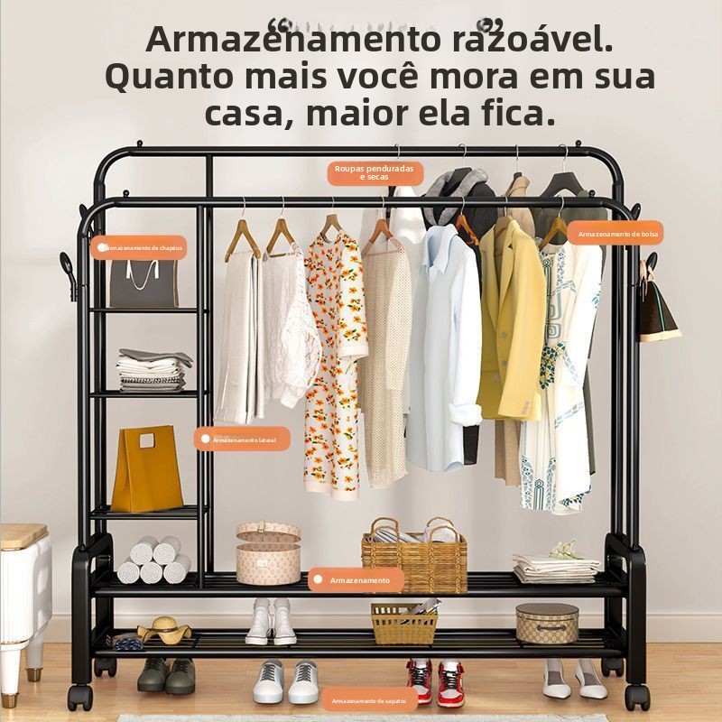 Varal de Chão Simples com Haste Dupla para Roupas, Suporte de Ferro para Armazenamento Interno, Prateleira para Quarto e Varanda