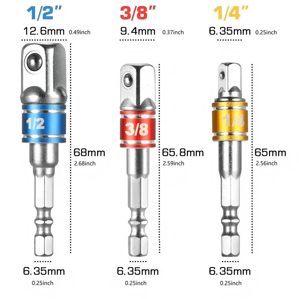 3PCS Impact Driver Socket Extension Adapter Converter Power Drill Hex To High Speed for Power Tools 1/4 3/8 1/2