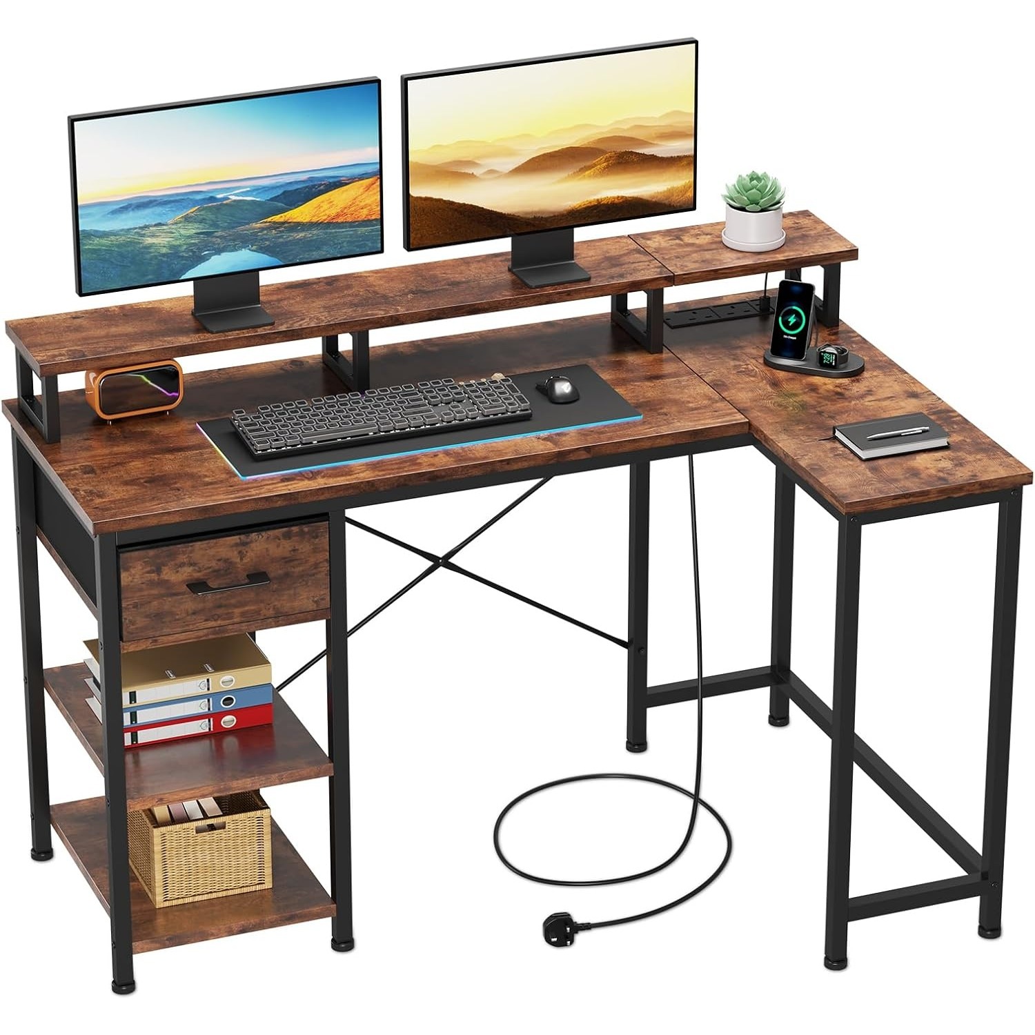L Shaped Desk with Power Outlet Corner Computer Desk with Storage Shelves and Fabric Drawer, Study Writing Table Gaming Desk