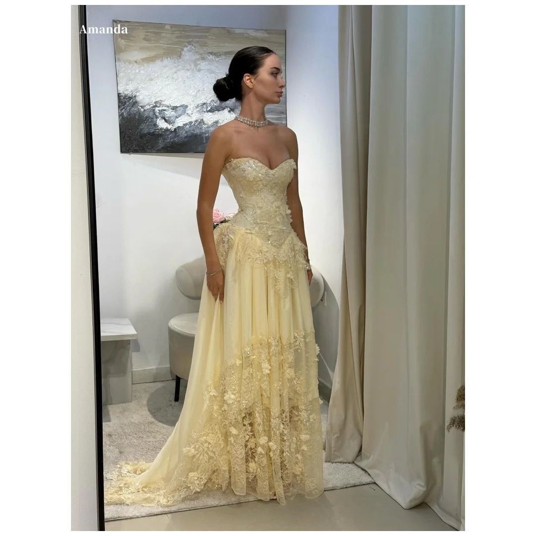 Amanda personalizado amarillo lentejuelas flores bordado vestido de graduación sin tirantes sin espalda vestidos de noche hasta el suelo noche Formal