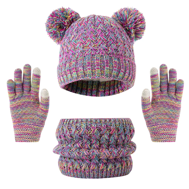Set cappello, sciarpa e guanti per bambini 3pc3-12Y, cappello invernale addensato per bambini con berretto lavorato a maglia con motivo a fiocco di neve