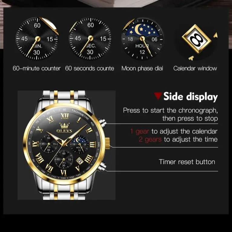 OLEVS 5529 reloj de marca de lujo para hombre, resistente al agua, luminoso, de acero inoxidable, con código de sincronización de fase Lunar, nuevo reloj de cuarzo para hombre