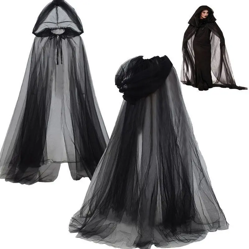 Scialle da sposa nero Strega Vampiro Mantello cosplay Mantello doppio di Halloween Gioco Costume da festa Puntelli Vacanza Dress Up