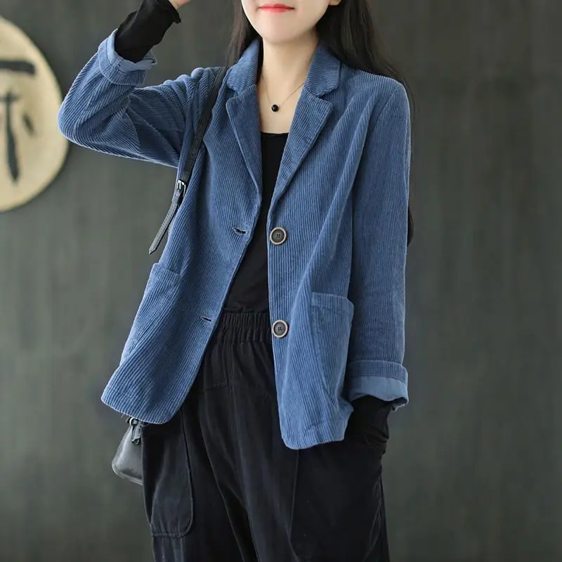 Corduroy ชุดคอปกสีทึบสั้นผู้หญิงใหม่ฤดูใบไม้ร่วงแขนยาววรรณกรรมและ Retro Casual Coat Top