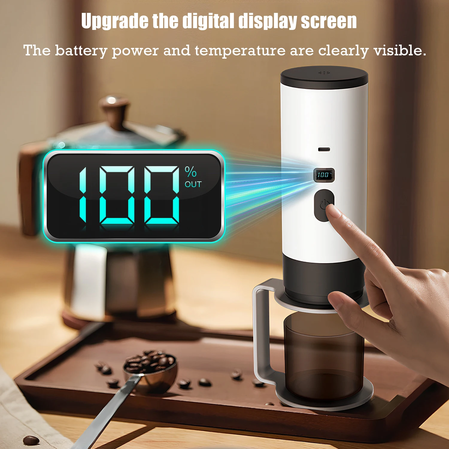 Cafetera portátil inalámbrica para acampar y coche, cafetera portátil con pantalla Digital, cafetera Espresso portátil 3 en 1