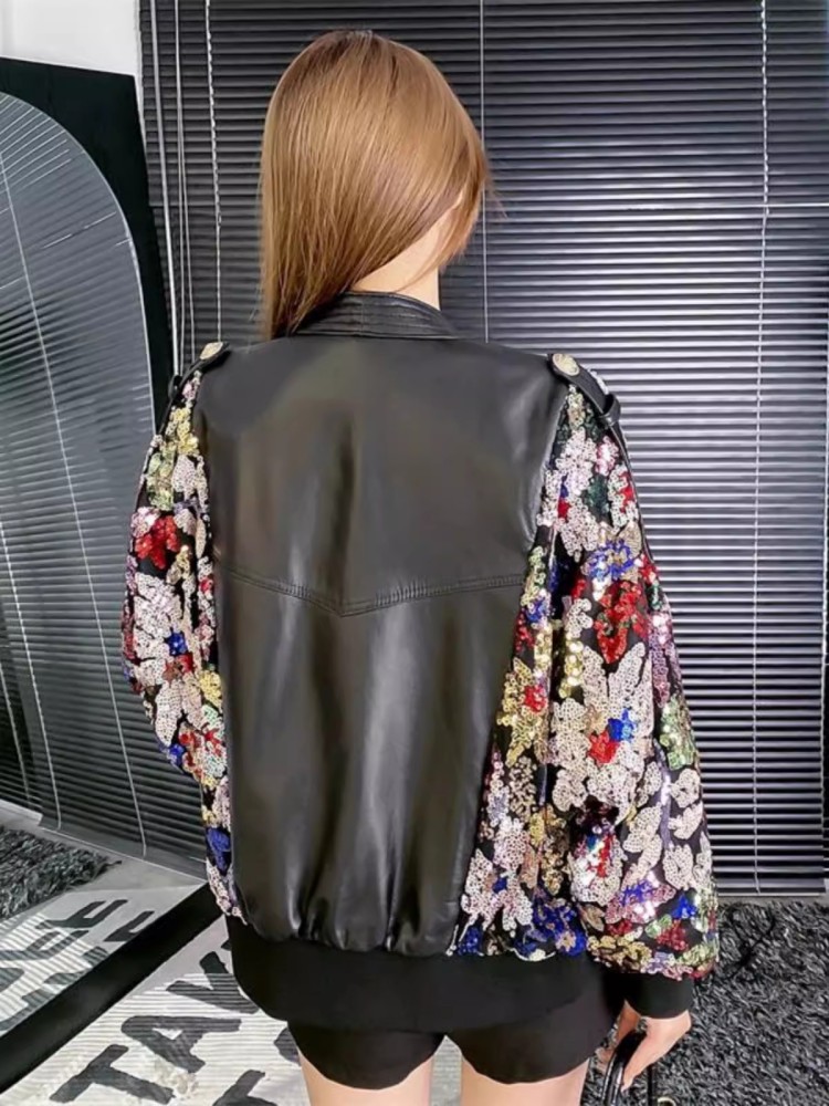 Moda feminina brilhante colorido lantejoulas palco mostrar jaqueta bomber batwing manga emendado pele de carneiro couro genuíno solto ajuste jaqueta