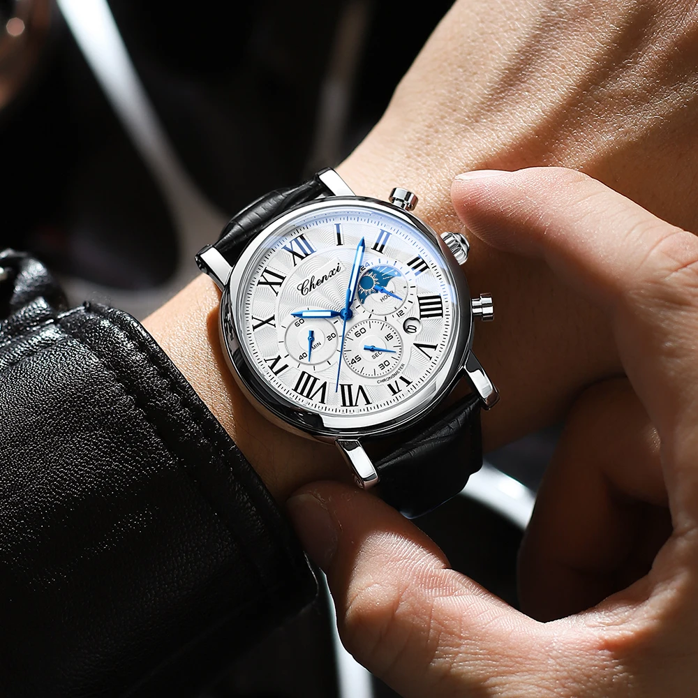 CHENXI, relojes de negocios a la moda para hombre, reloj de cuarzo de lujo, cronógrafo con fecha automática, reloj de pulsera de cuero resistente al agua para hombre