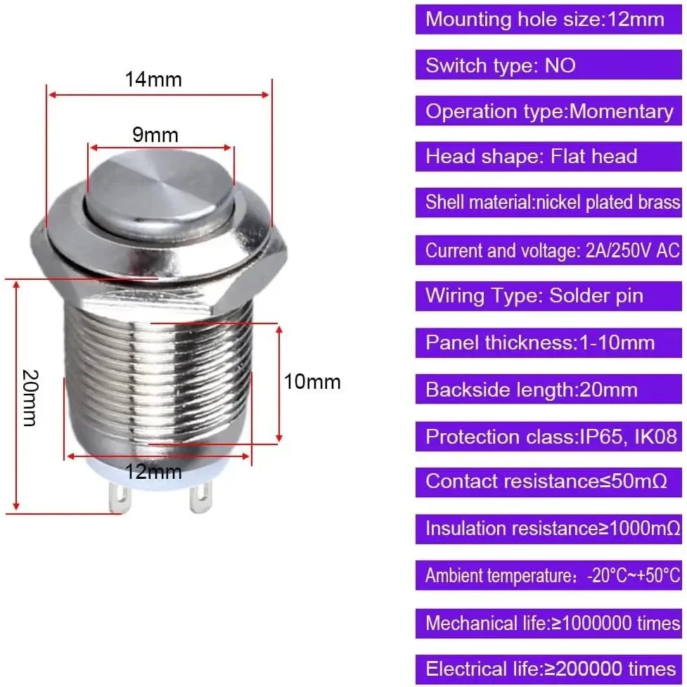 6pcs 12mm Momentary Push Button Switch 12V Waterproof Power Pushbutton Small Round Chrome Stainless Metal 2pin N/O