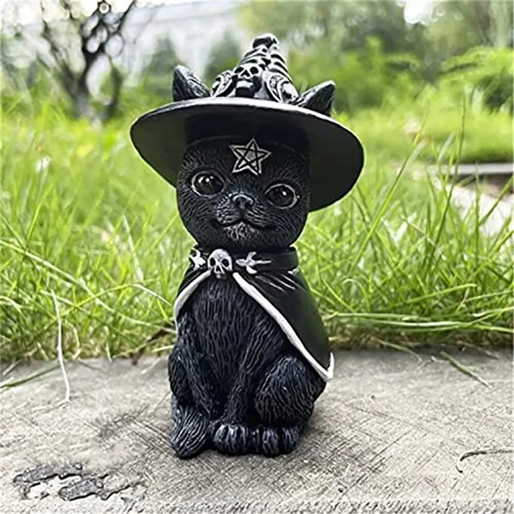 검은 고양이 동상 신비한 귀여운 고양이 마녀 고양이 입상 마녀 장식 책상 장식 할로윈을위한 손으로 그린 ​​조각 1PC