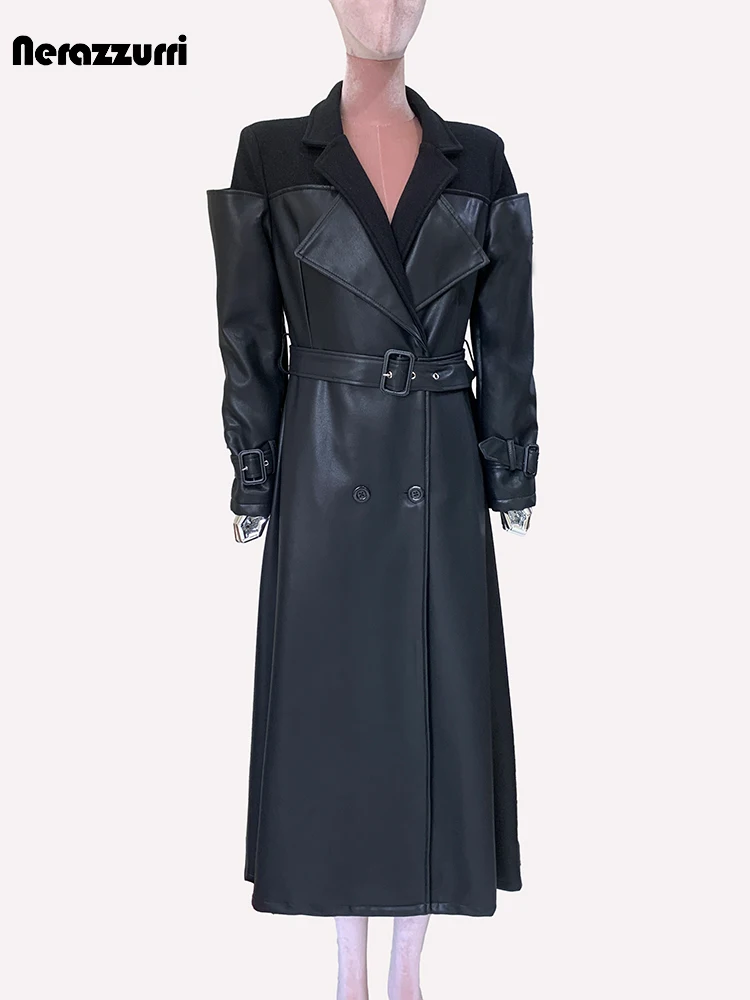 Nerazzurri Herbst Lange Schwarz Elegante Luxus Chic Woolen Patchwork Pu Leder Mantel Frauen Gürtel Zweireiher Runway Fashion