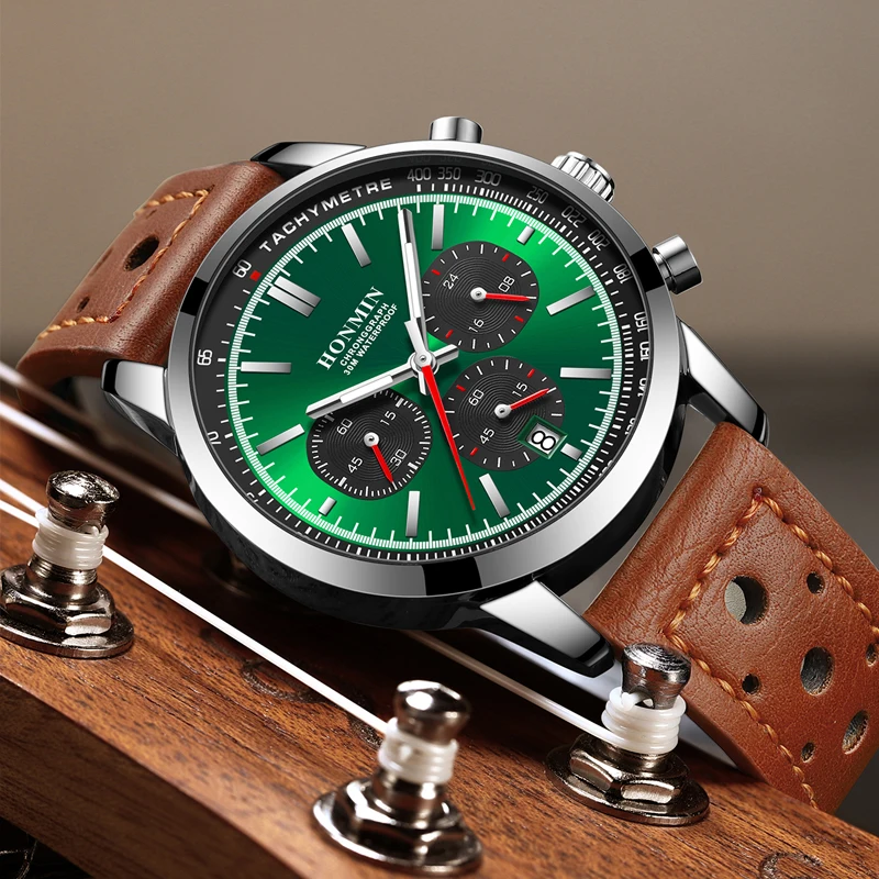 Reloj HONMIN de lujo para hombre, cronógrafo resistente al agua de alta calidad, reloj de pulsera luminoso para hombre, relojes de cuarzo de cuero para hombre, reloj informal