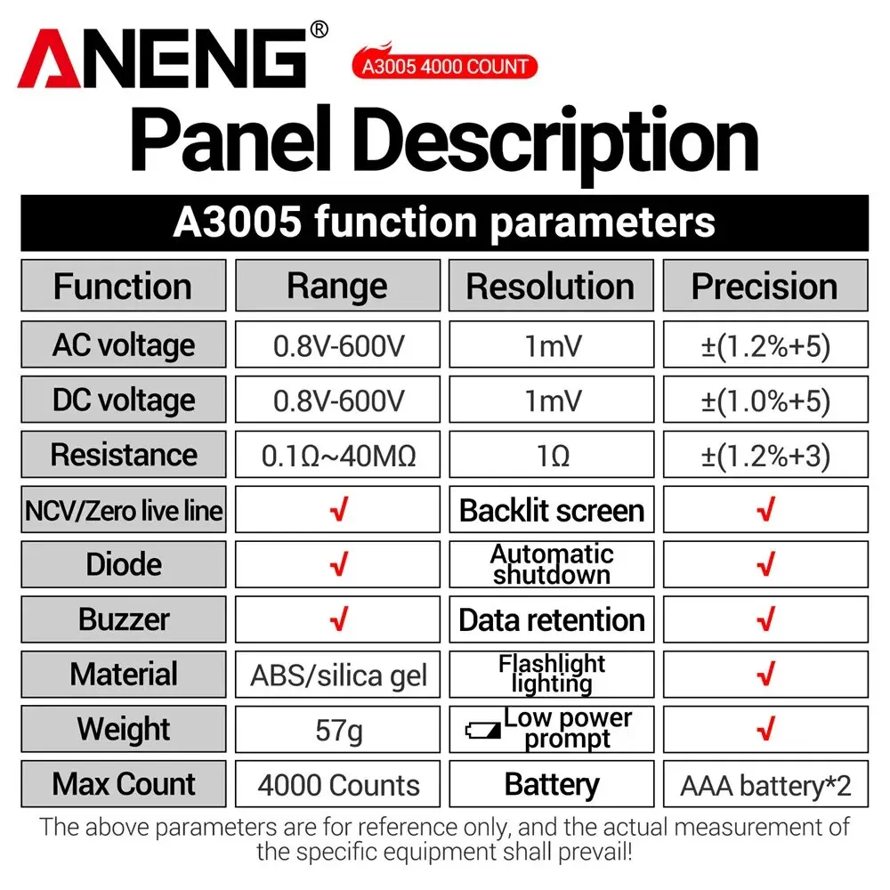 ANENG A3005 Multimetro digitale tipo penna tascabile 4000 conteggi LCD / Cavo di prova schermo anti display senza batteria Vero RMS Nero