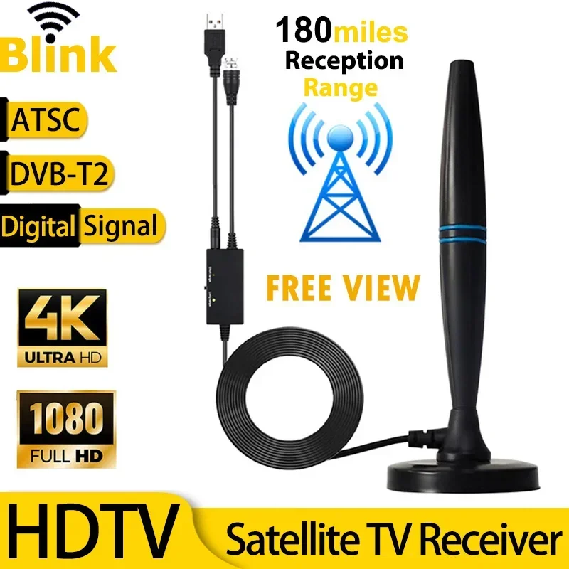 Indoor-TV-Antenne mit Verstärker, 46–862 m, große Reichweite, 4K 1080P, digitaler HD-Signalverstärker, DVBT2, ATSC, leistungsstarker Satelliten-TV-Receiver
