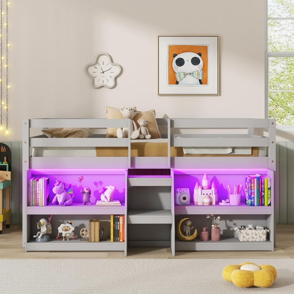 Low Loft Bed with LED Lights, Wooden Twin Loft Bed with Stairs & Safety Guardrail, Loft Bed Twin Size with Storage Bookcase