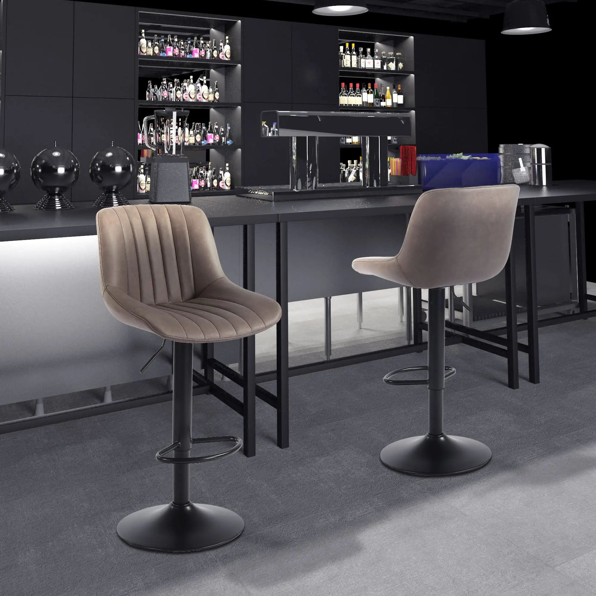 Conjunto de 2 bancos de bar Ralex-chair, bancos de bar giratórios com altura de balcão e encosto, cadeiras de bar ajustáveis em couro PU, marrom