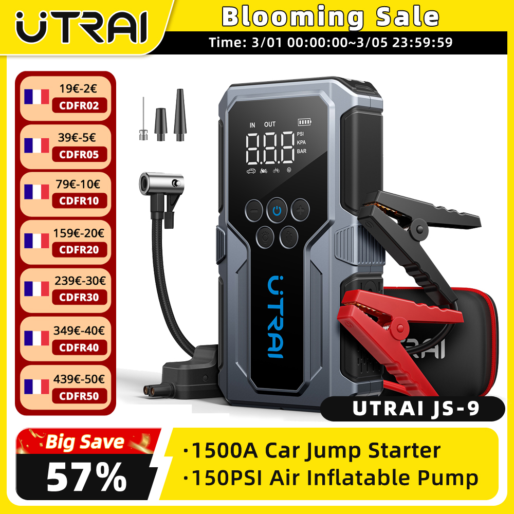 UTRAI 1500A démarreur de saut de voiture batterie externe Portable 150PSI pompe à Air batterie de voiture Boosters d'urgence dispositif de démarrage démarreur de voiture 2024