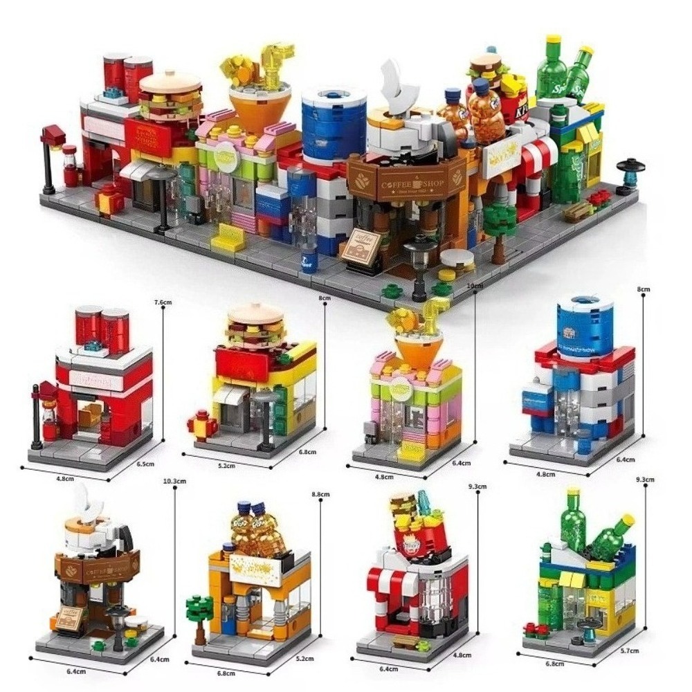 City Mini Shop Supermarket Street View Model Building Blocks Hamburger Restaurant Retail Store Bricks Architecture Friend Girl