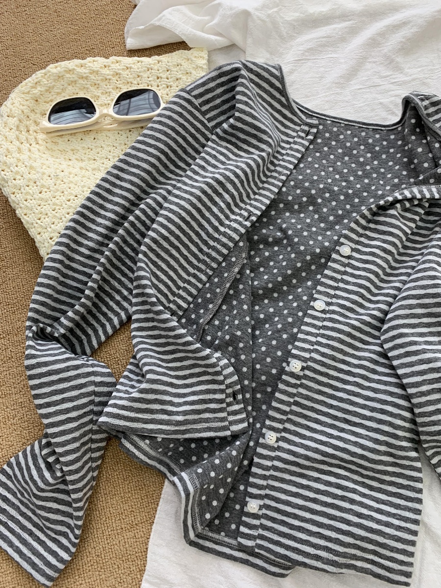 Grey Stripe Korean Sle Casual Women's Shirt Beautiful round Neck Slimming Outerwear  Sle Unique Small  Shirt