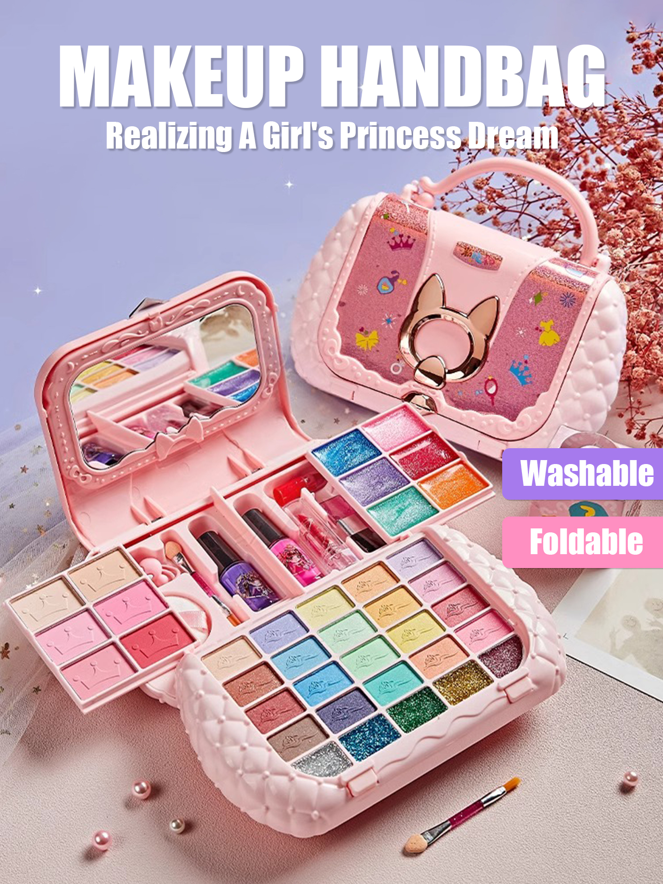 Kinderkosmetik-Set, Mädchenspiegel, Prinzessin, echt waschbar, so tun, mit Beauty-Spielzeug zu spielen, ungiftig und sicheres Geschenk