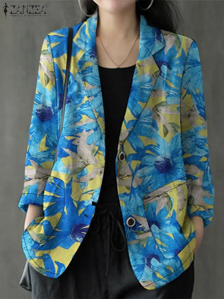 Frauen Herbst Mäntel ZANZEA Stilvolle Revers Hals Langarm Blazer Dünne Tops Vintage Frau Floral Bedruckte Anzüge Casual Outwears