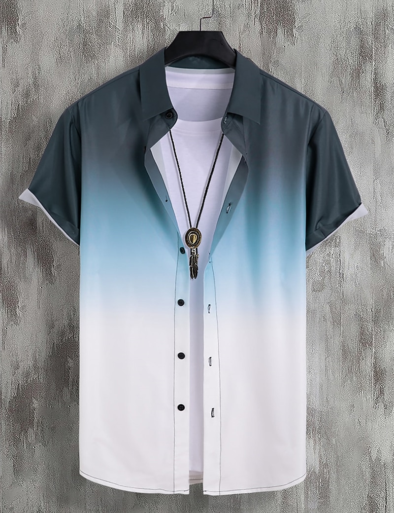Neues einfaches hawaiianisches Kurzarm-Oberteil mit Farbverlauf, lässiges Strand-Kurzarmhemd mit geknöpftem Revers, bequemes Herrenhemd