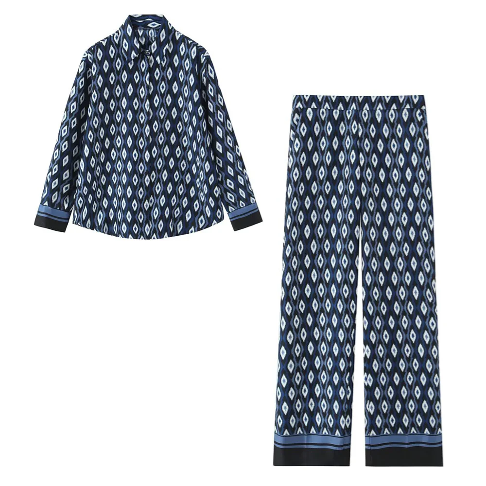 Damenmode, geometrisches Muster, bedrucktes Langarmhemd und Hose, Frühling/Sommer, neue Damenbekleidung