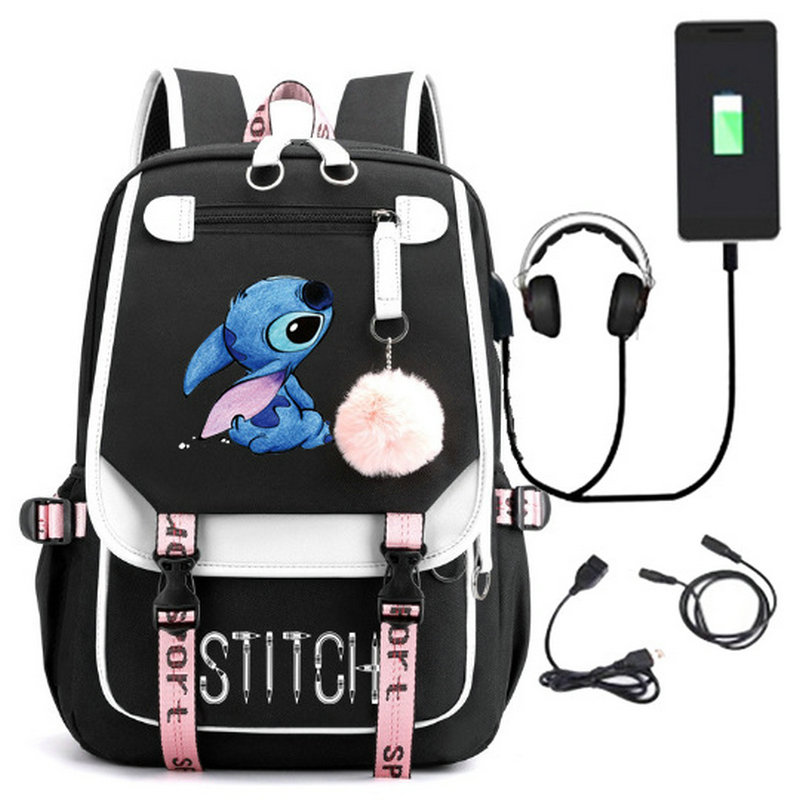 Disney Stitch nowy plecak Mochila Feminina USB ładowanie torby szkolne nastoletnie dziewczęta chłopcy plecak na laptopa damskie plecaki podróżne