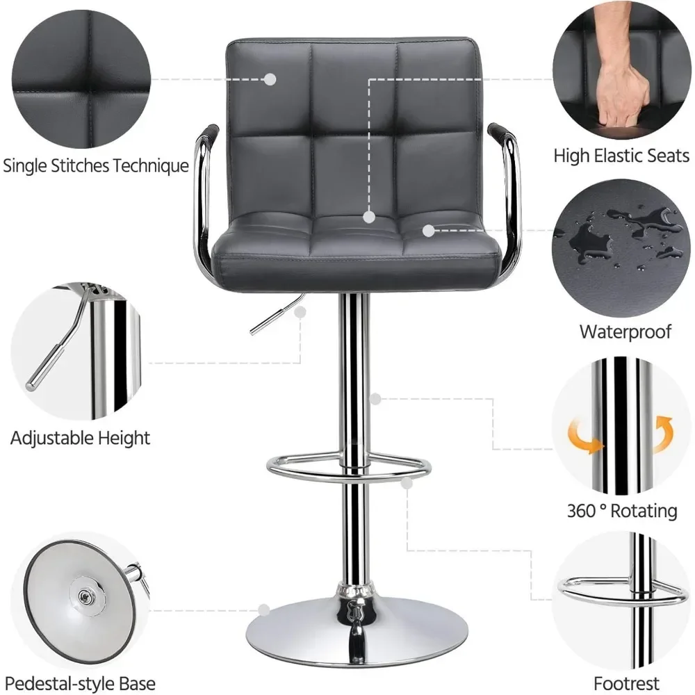Bar Stools, Adjustable PU Leather Swivel Barstools, Modern Counter Stools with Back and Footrest, Counter Height Barst