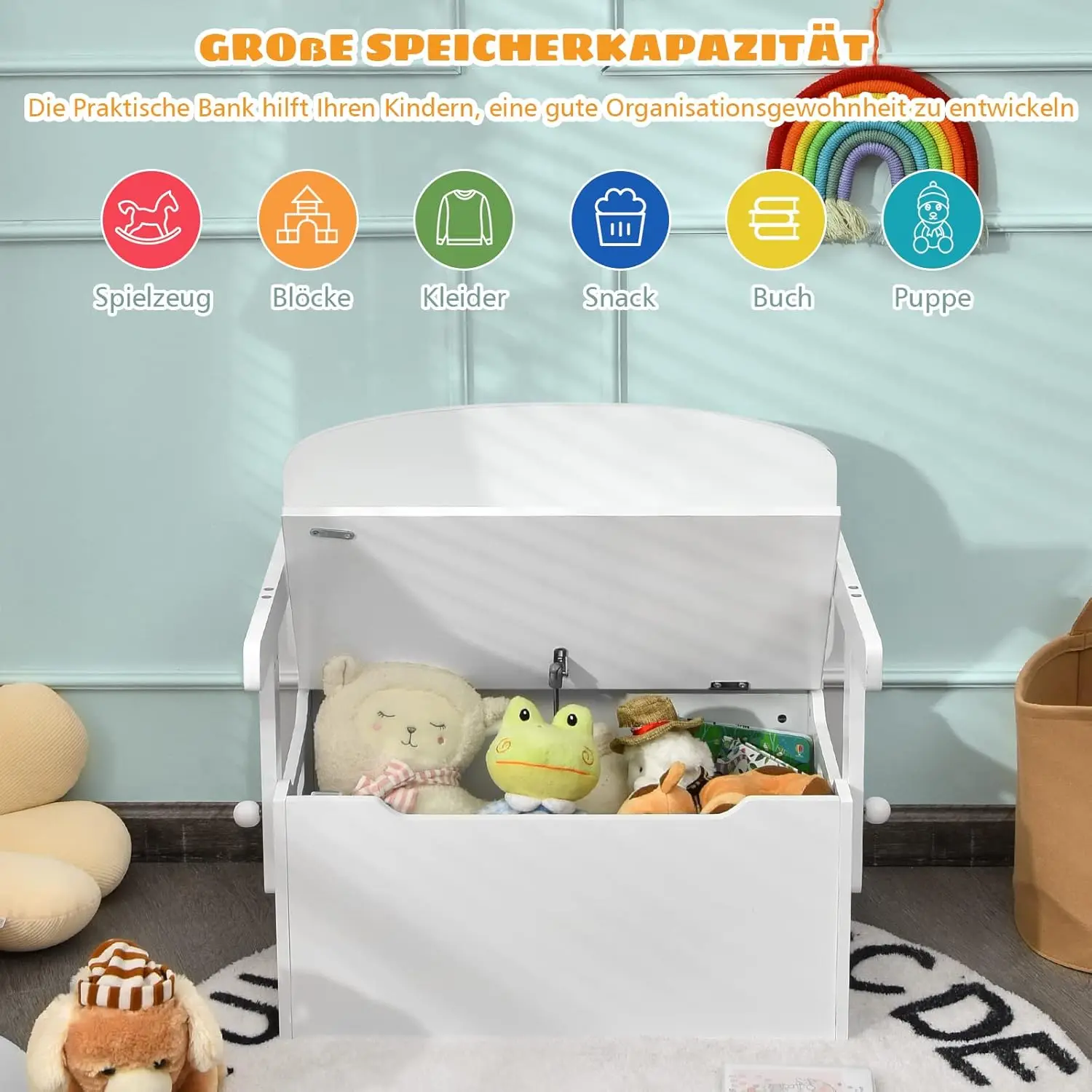 3-in-1-Kindertisch mit Bank, Sitzgarnitur mit Stauraum und Decke, von 3 bis 7 Jahren, 60 x 34 x 57 cm (weiß)