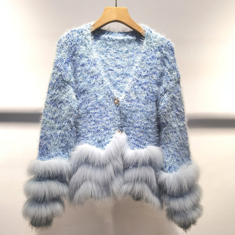 2024 新フォックスファートリムカーディガン長袖秋のファッションショートセーター女性紫カーディガン