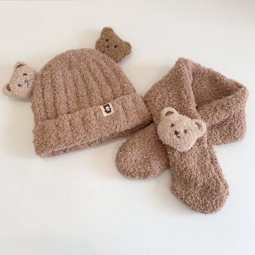 2 pçs dos desenhos animados urso bebê inverno chapéu cachecol conjunto crianças cachecóis quentes de pelúcia malha boné grosso proteção da orelha gorro infantil para menina menino