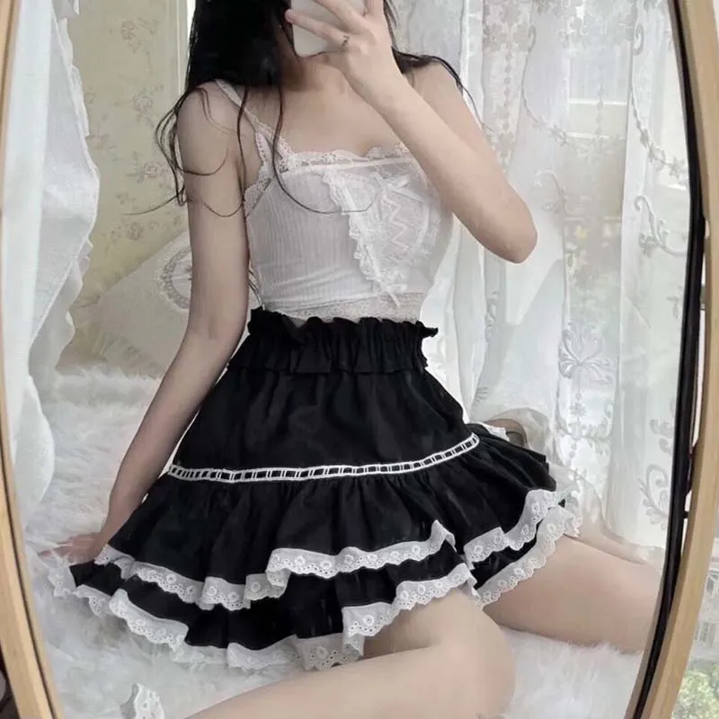 Spitze Rüschen A-Linie Rock Frauen hohe Taille Tutu elastische Taille Lolita süße süße adrette Stil Faldas schwarze Kuchen Röcke