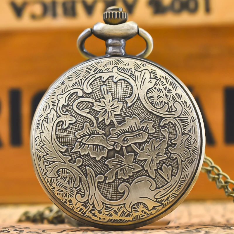 Retro Bronze Steampunk Blumenschnitzerei Flip-Top männliche und weibliche Studentin Geschenk Quarz Halskette Gedenktaschenuhr