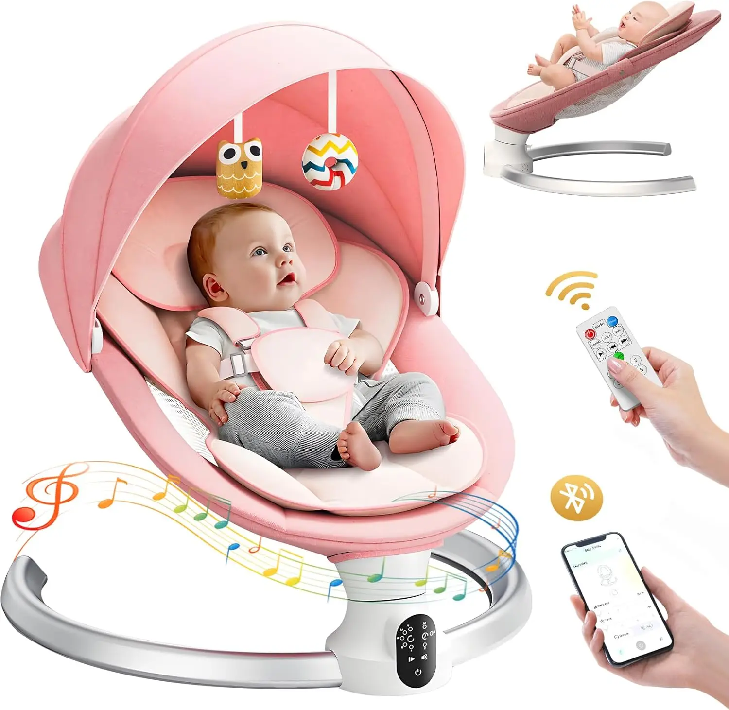 Balanço elétrico para bebês com 3 temporizadores, aplicação e controle remoto Transat, 5 velocidades de balanço, 10 músicas, Bluetooth, rosa