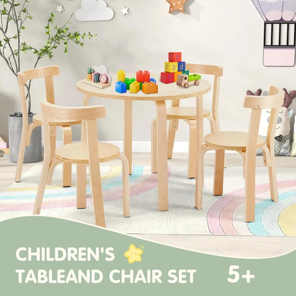 Kids Table and 4 Chairs Set - Round Table and Chair Set for Children, EN71 Certified, Birch Veneer - Wooden Dining Play Set for