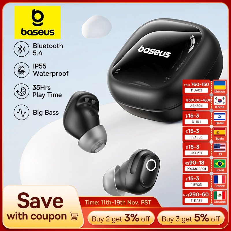 Беспроводные наушники Baseus Bass BD1 Bluetooth 5,4 Mini Bean Earbuds 38H Время воспроизведения IP55 Водонепроницаемые спортивные наушники