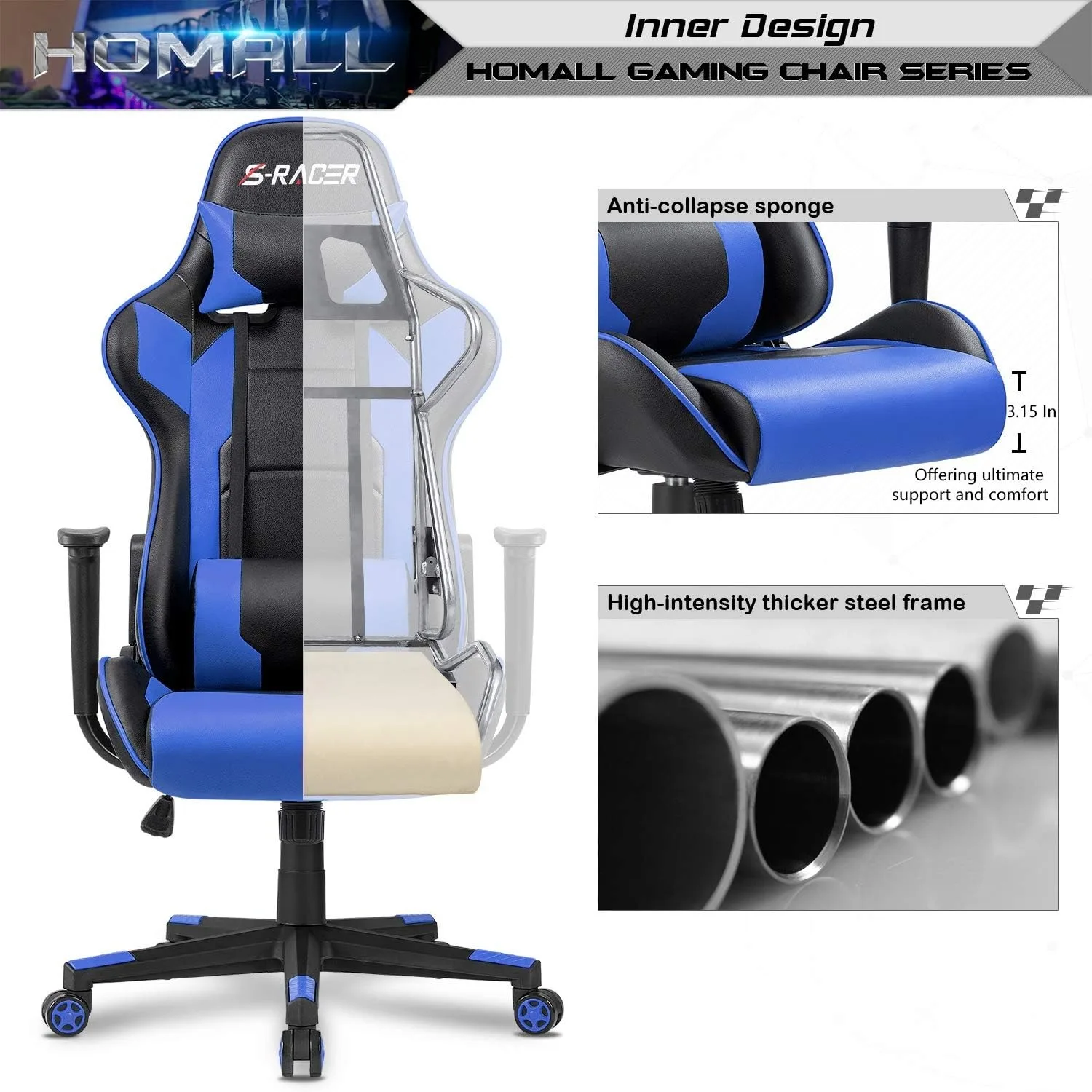 Gaming Executive Ergonomic Adjustable Swivel Task Chair with Headrest and Lumbar Support，19.8"D x 20.5"W x 47.8"H