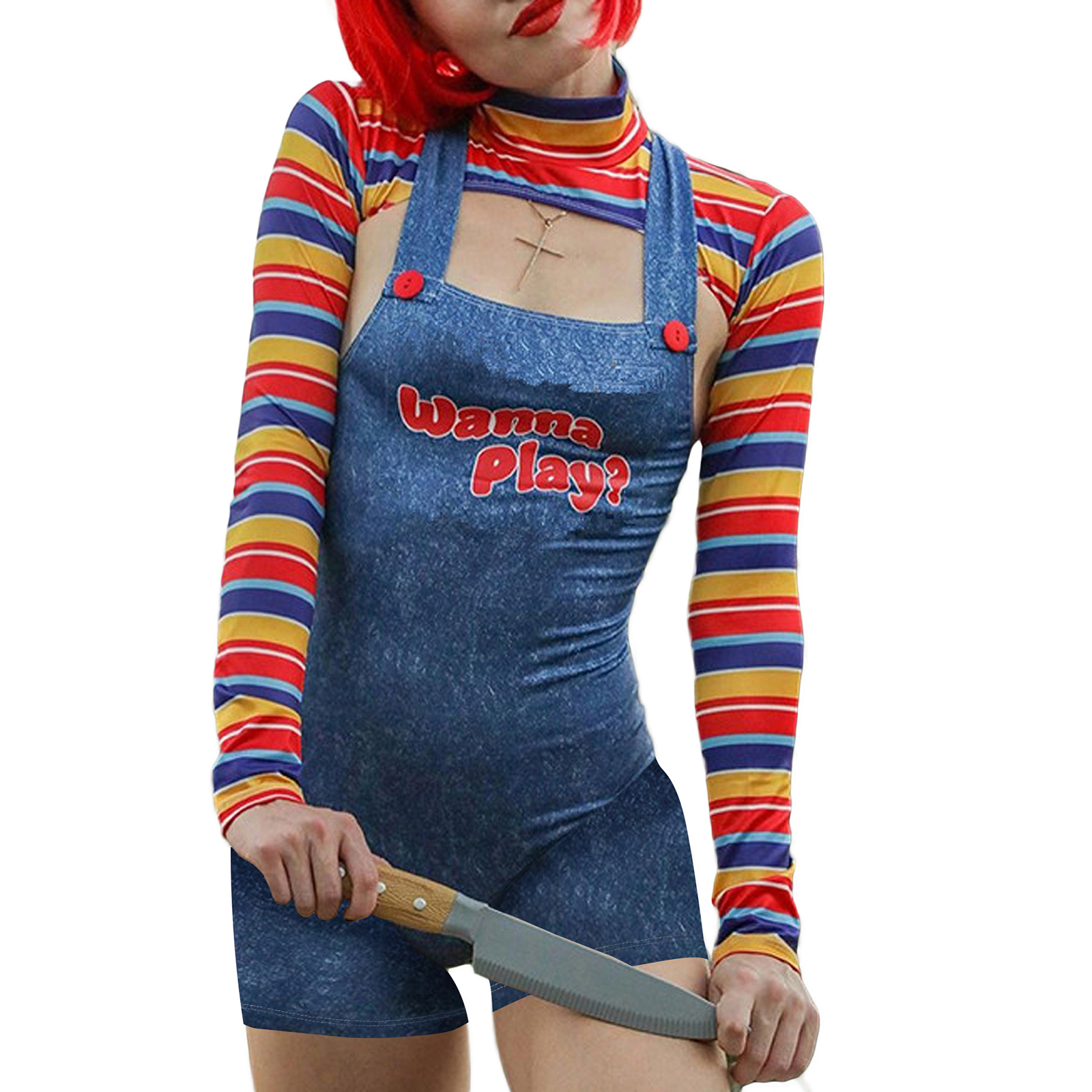 Disfraces de Halloween para mujer, 2 uds., muñeca asesina de pesadilla aterradora, traje de personaje de película, conjunto de disfraz de Cosplay de muñeca Chucky