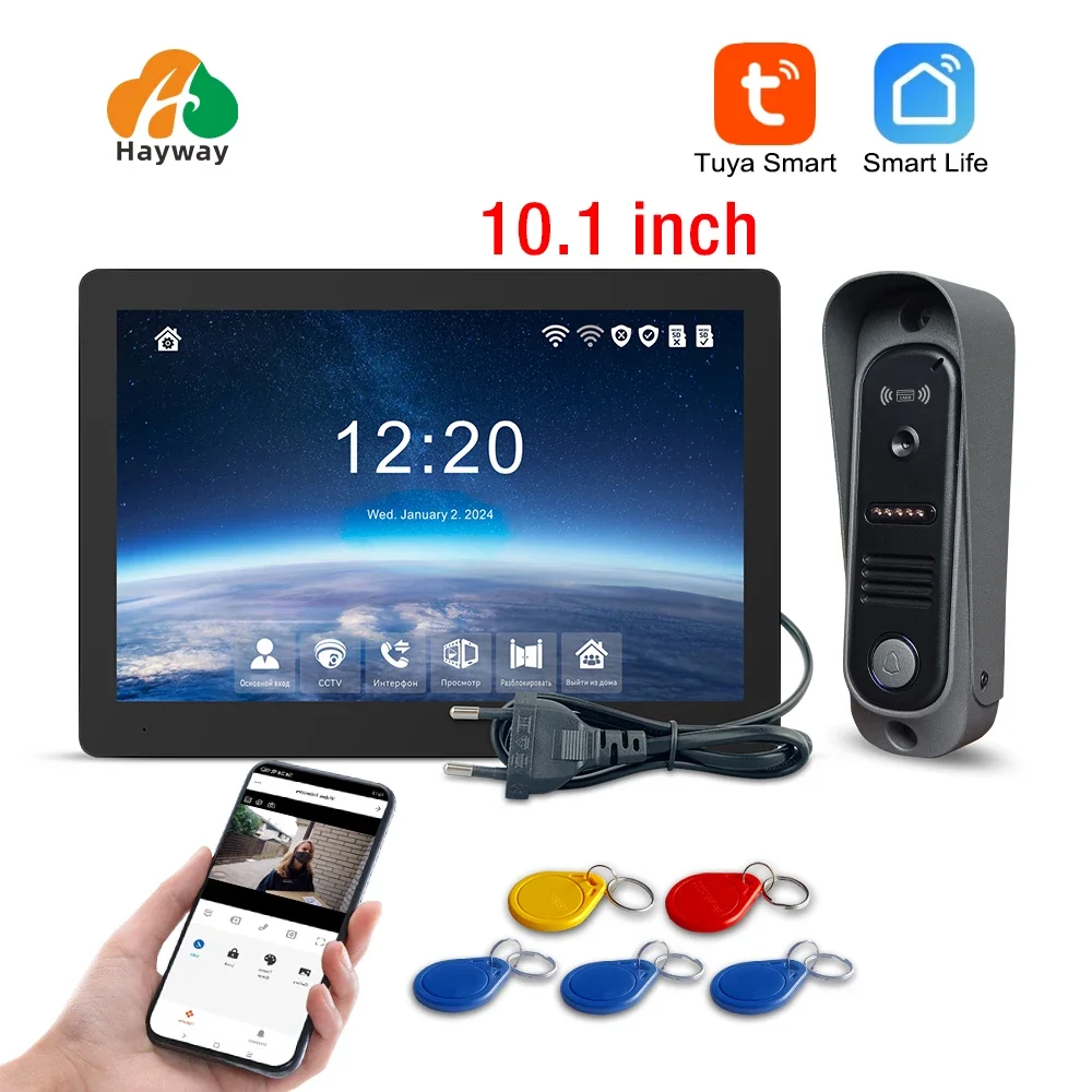 Комплект видеодомофона Tuya Wireless IPS 10 дюймов с сенсорным экраном и камерой 1080P, с функцией обнаружения мобильных устройств, разблокировкой контроля доступа с идентификатором,