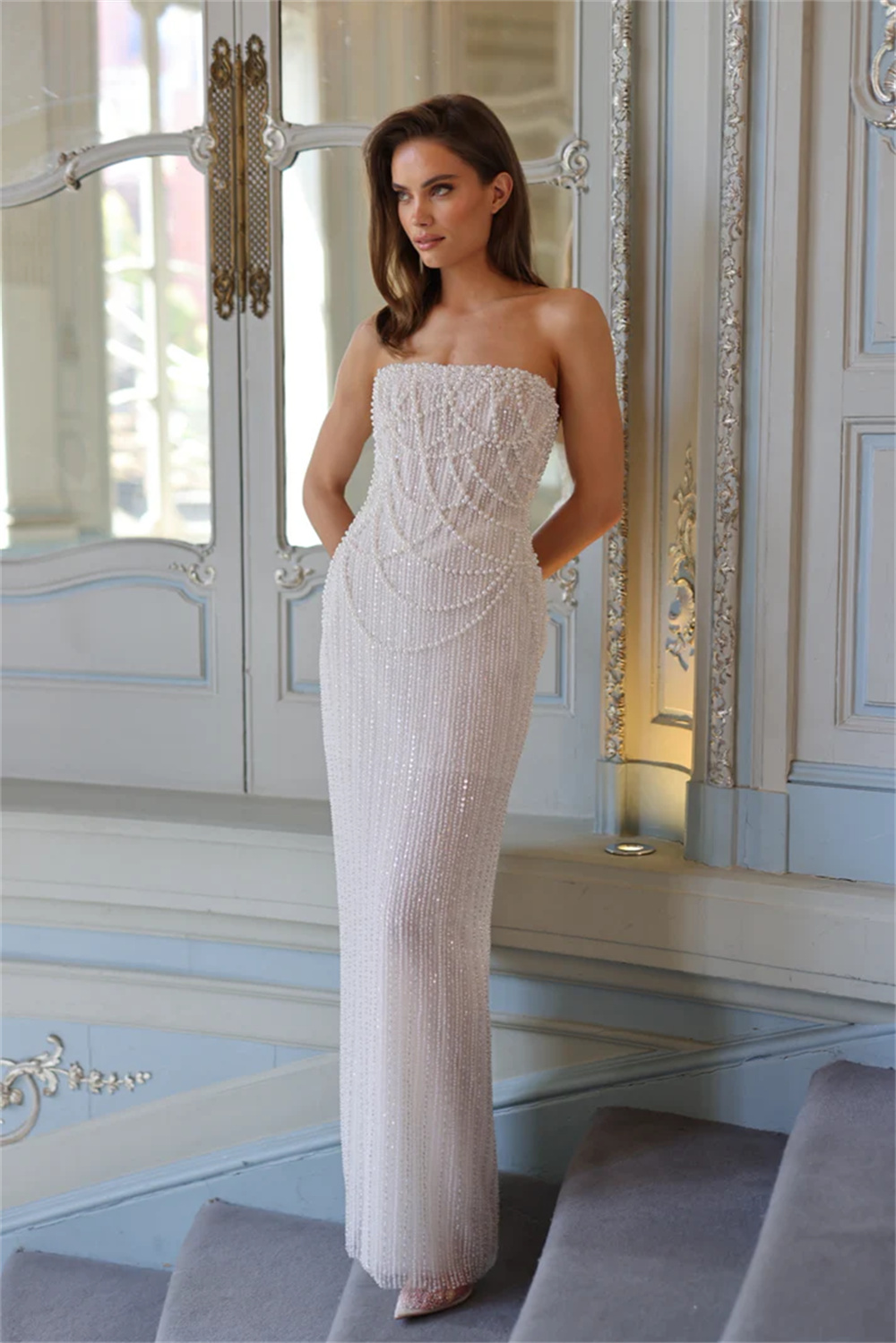 Kyoto Perles blanches Robes de mariée sirène à lacets sur l'épaule personnalisée فAbito de mariée balayage train 2025