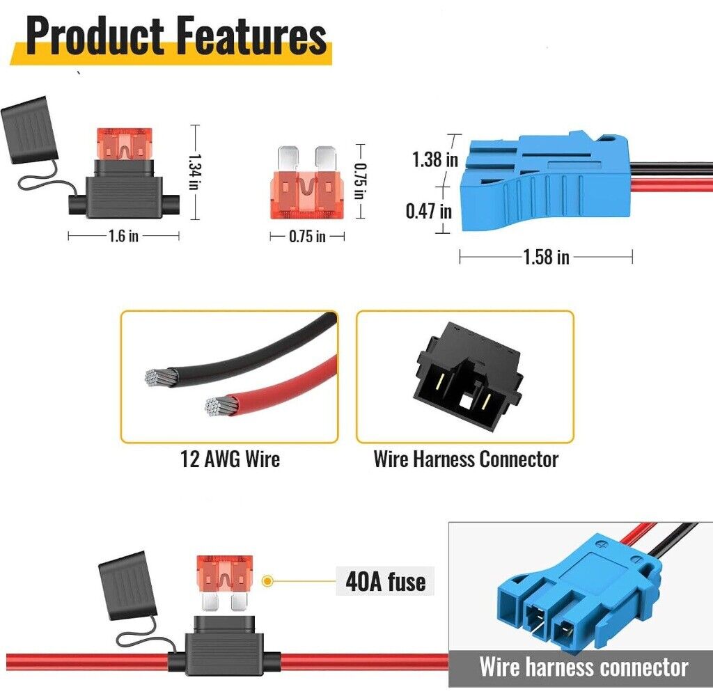 Arnés de cables de 12 AWG, conector 40A Compatible con batería Peg-Perego de 12 voltios, juguetes para montar en niños
